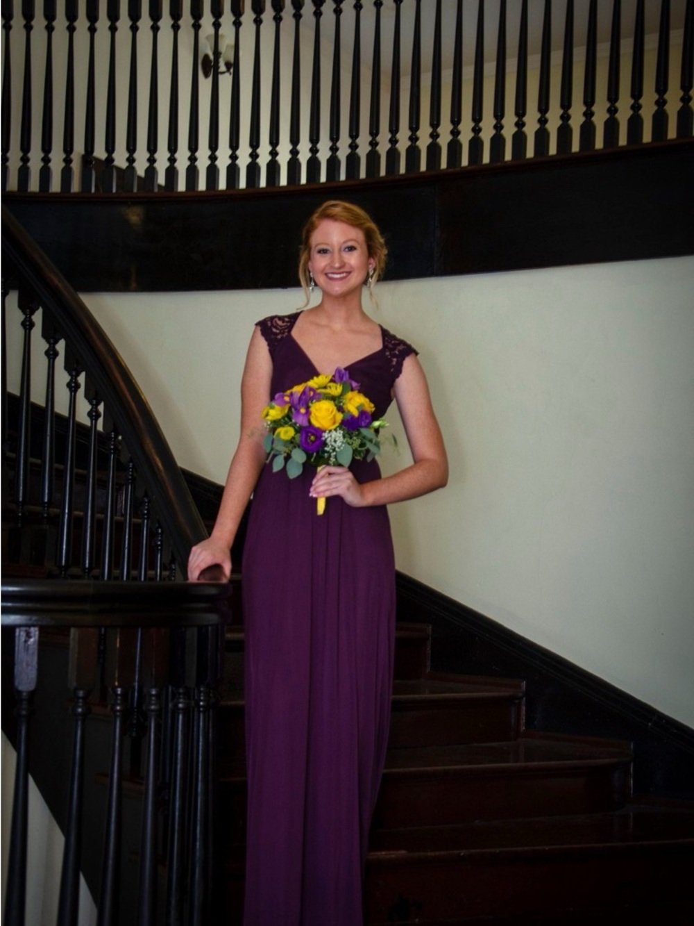 David's Bridal Plum Lace Cap-Sleeve Bridesmaid Gown